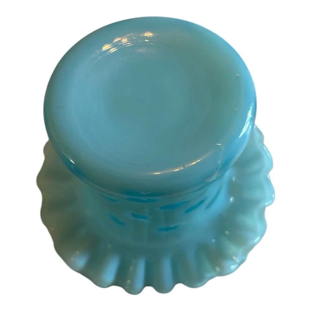 Fenton Turquoise/Aqua Opalescent Coin Dot Ruffled Glass Top Hat Vase 3
